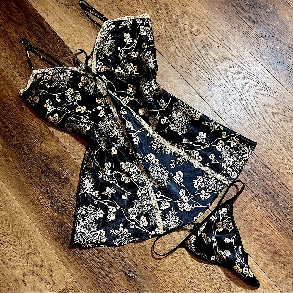 Satin Floral Lace Nightie Set Babydoll Vintage Inspired Negligee Lingerie